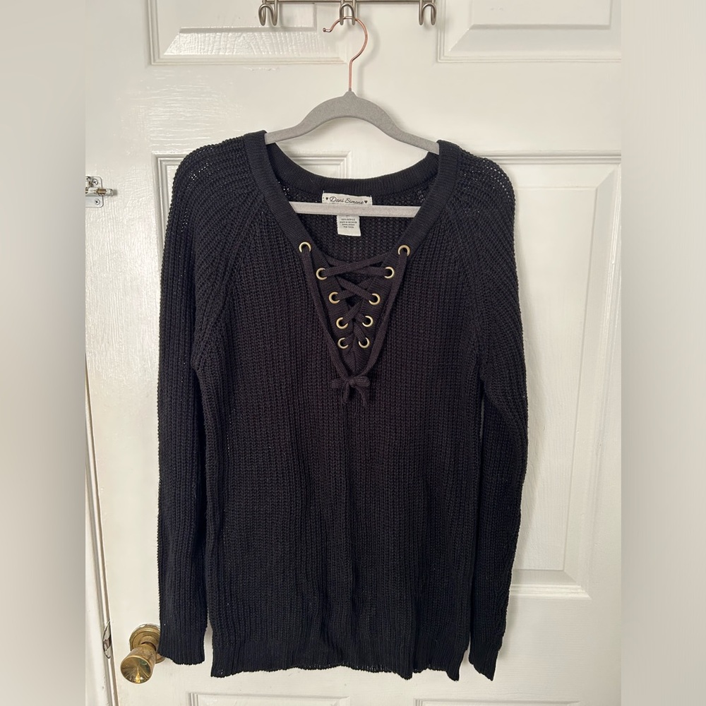 Renee C. Lace-Up V-Neck Knit Sweater - Black